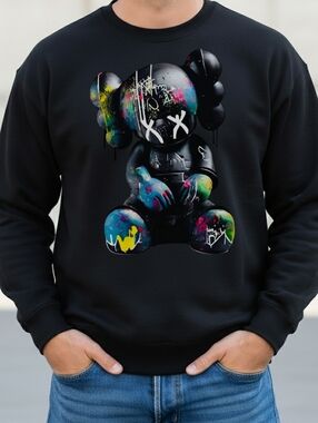 Gildan Black Crewneck Sweatshirt with Multicolor Graffiti Bear